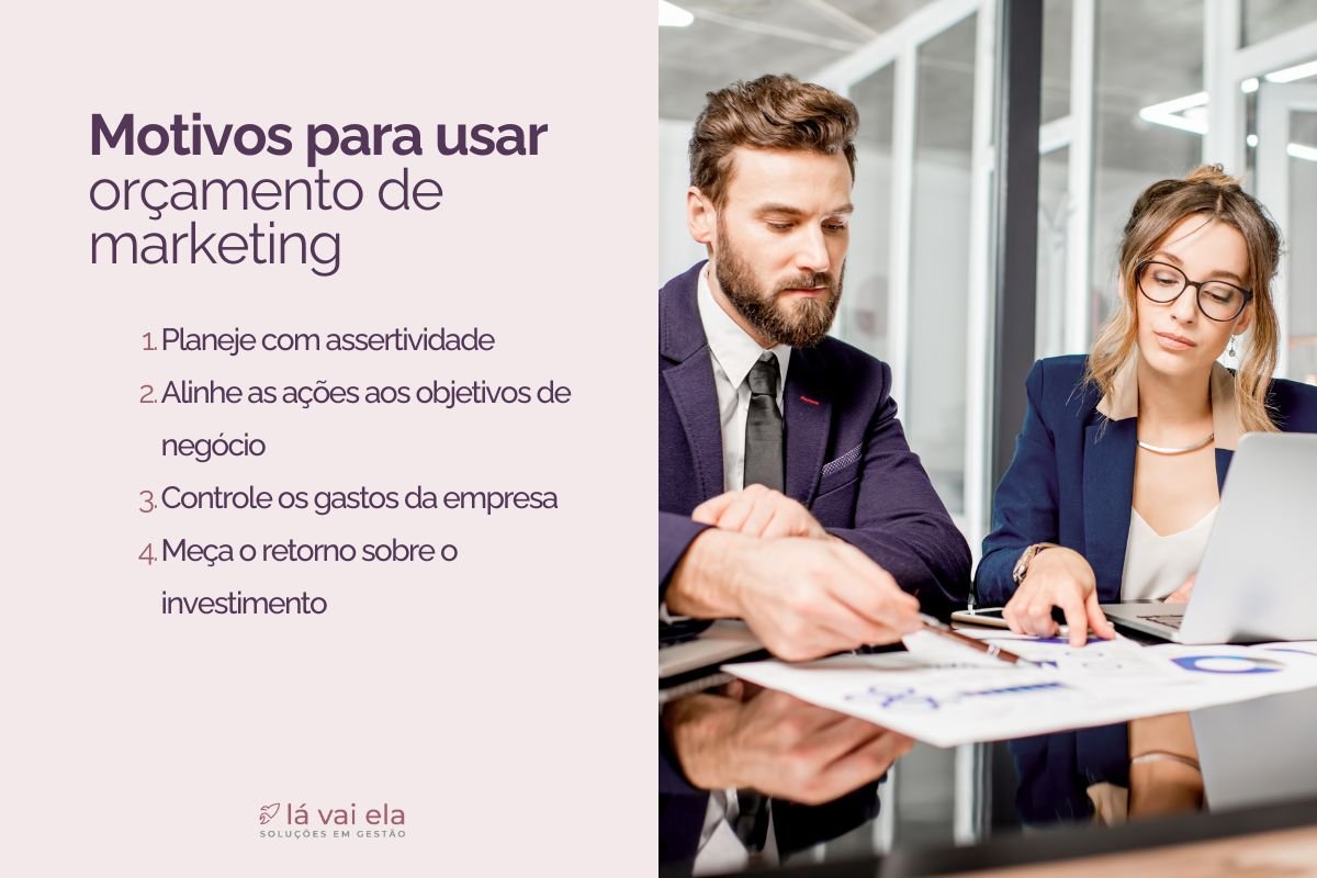 Dois profissionais analisando o orçamento de marketing. Tem uma caneta na mão apontando para um gráfico sobre a mesa. Tem tudo sob controle. Texto na Imagem: “Por que usar Orçamento de Marketing: Planeje com assertividade; Alinhe as ações aos objetivos de negócio; Controle os gastos da empresa; Meça o retorno sobre o investimento.